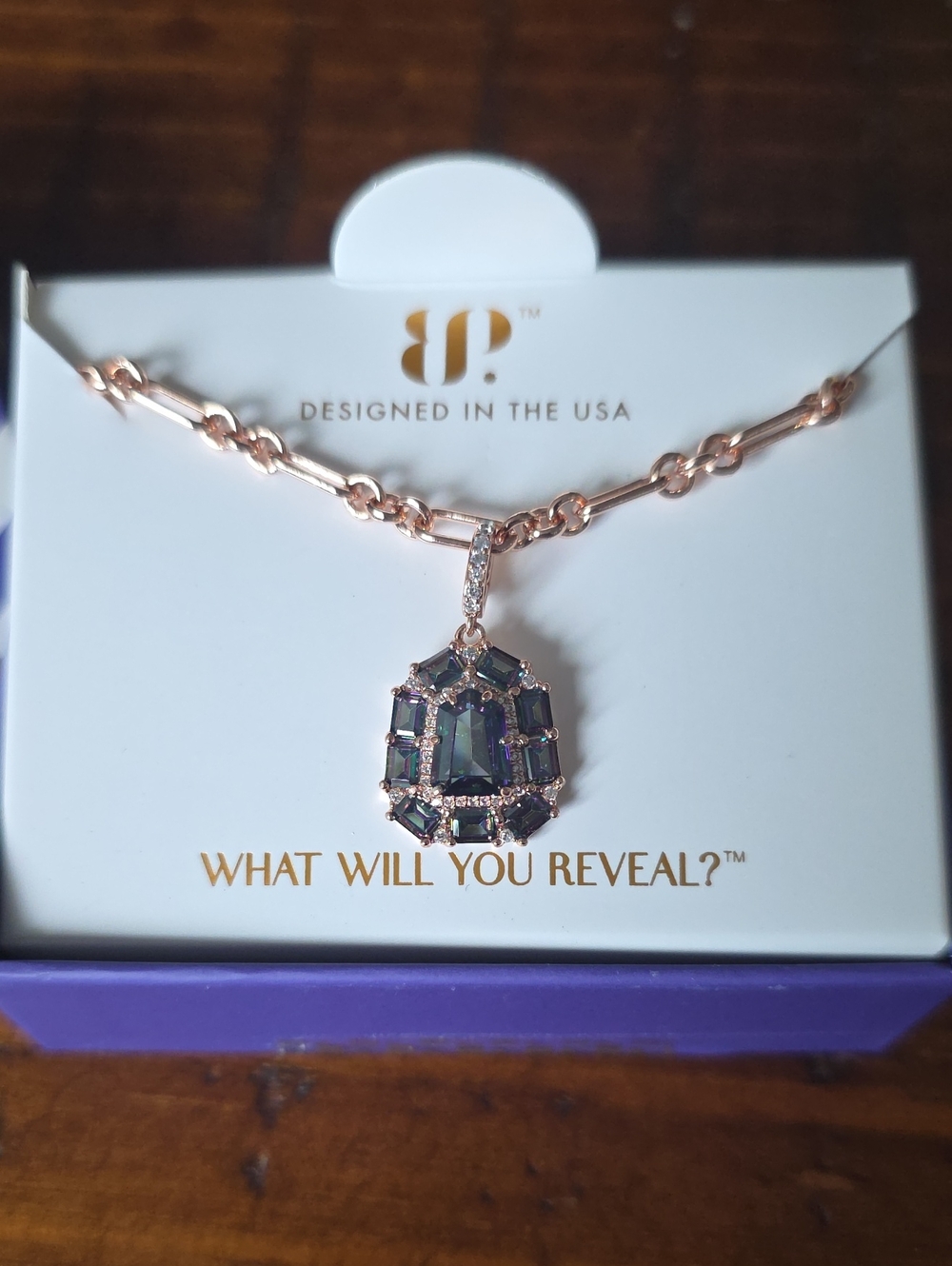 bp Rose Gold Pendant Necklace with Green-Blue Stone